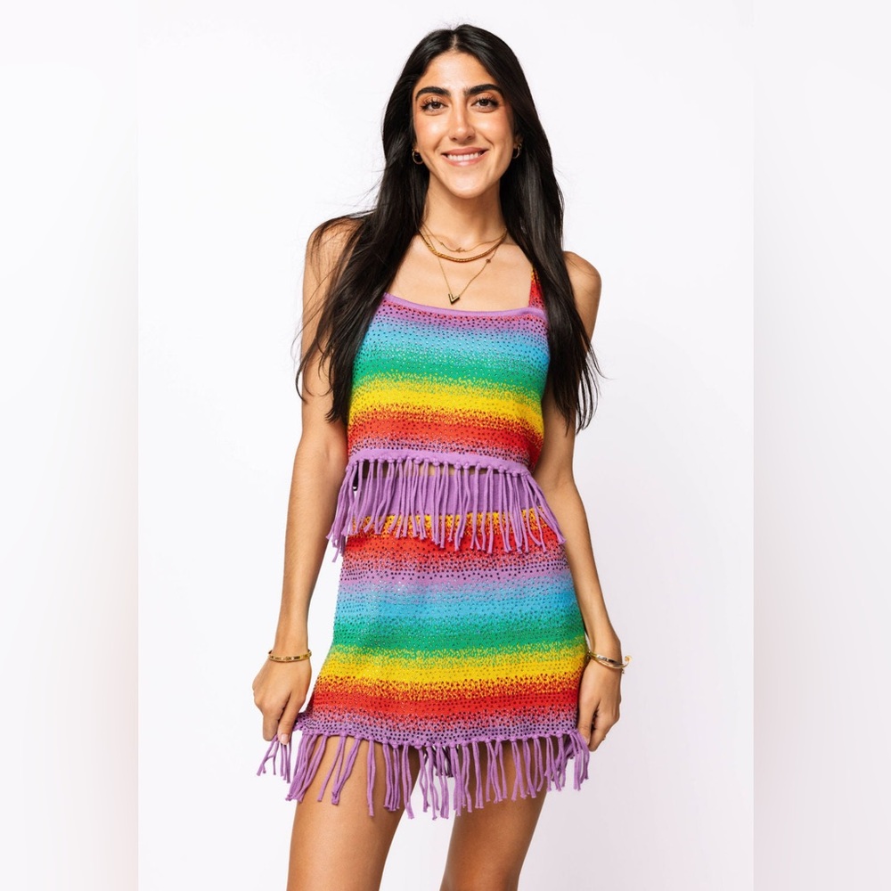 New! SET! QUEEN OF SPARKLES Rainbow Stripe Rhinestone Fringe Skirt Set
